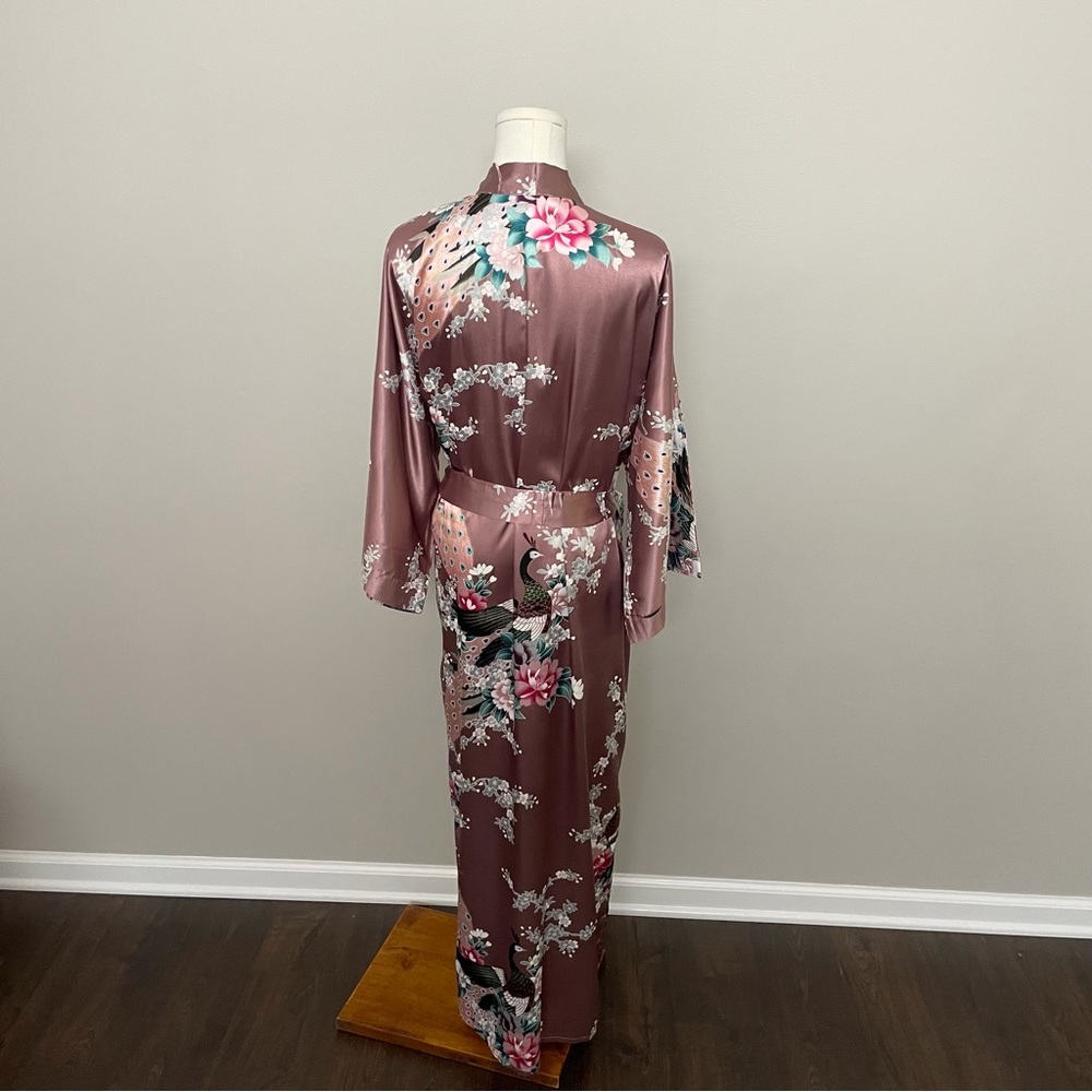 Kim and Ono Robe Kimono Charmeuse Asian Floral Silky Satin Long Pockets Pink - Picture 5 of 13